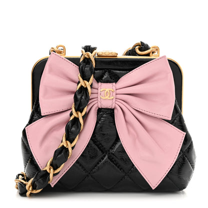 Chanel Patent Crumpled Lambskin Quilted Clutch With Chain Black Pink 1 of 11