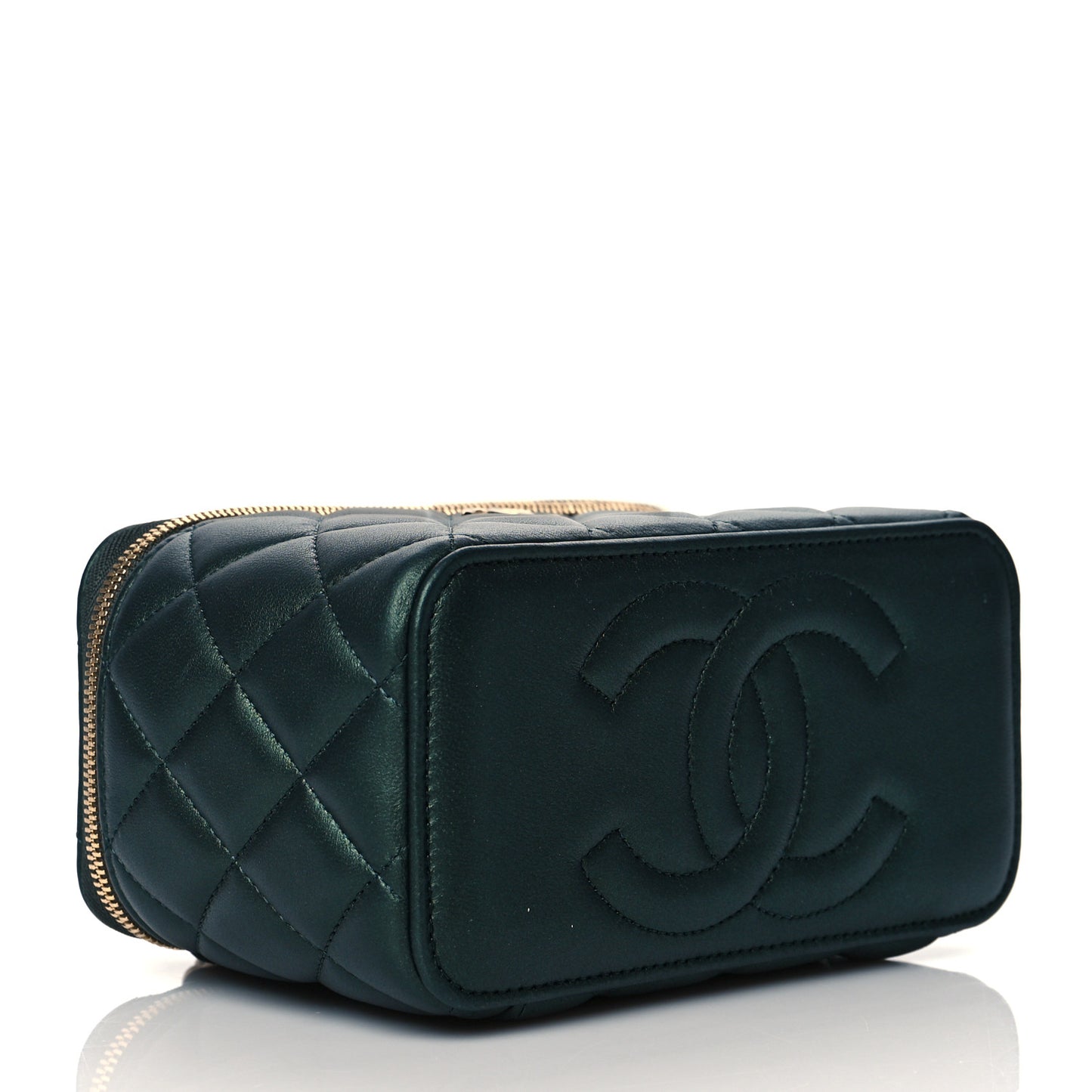 Iridescent Lambskin Quilted Small Top Handle Vanity Case With Chain Dark Green