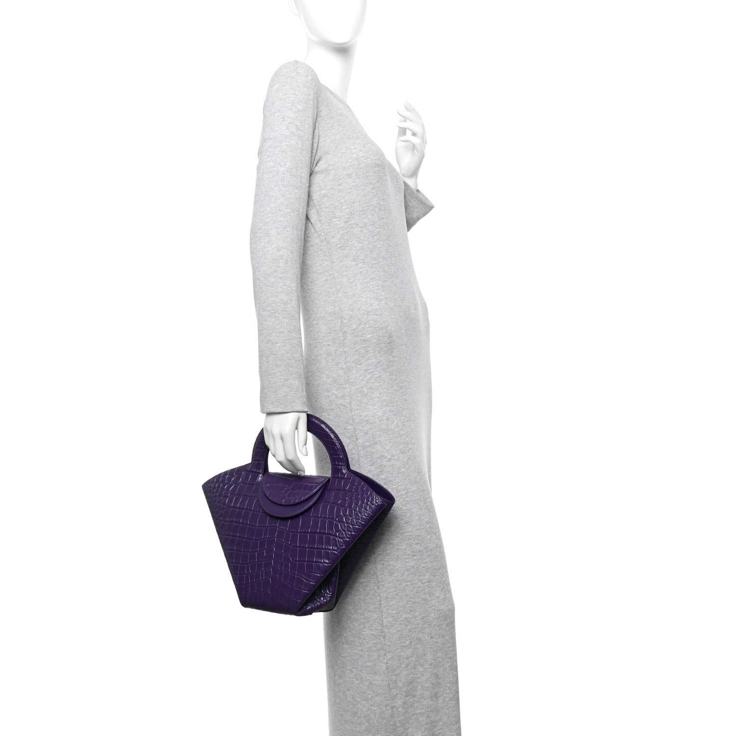 Bottega Veneta Calfskin Crocodile Embossed Doll Top Handle Bag Purple 2 of 11