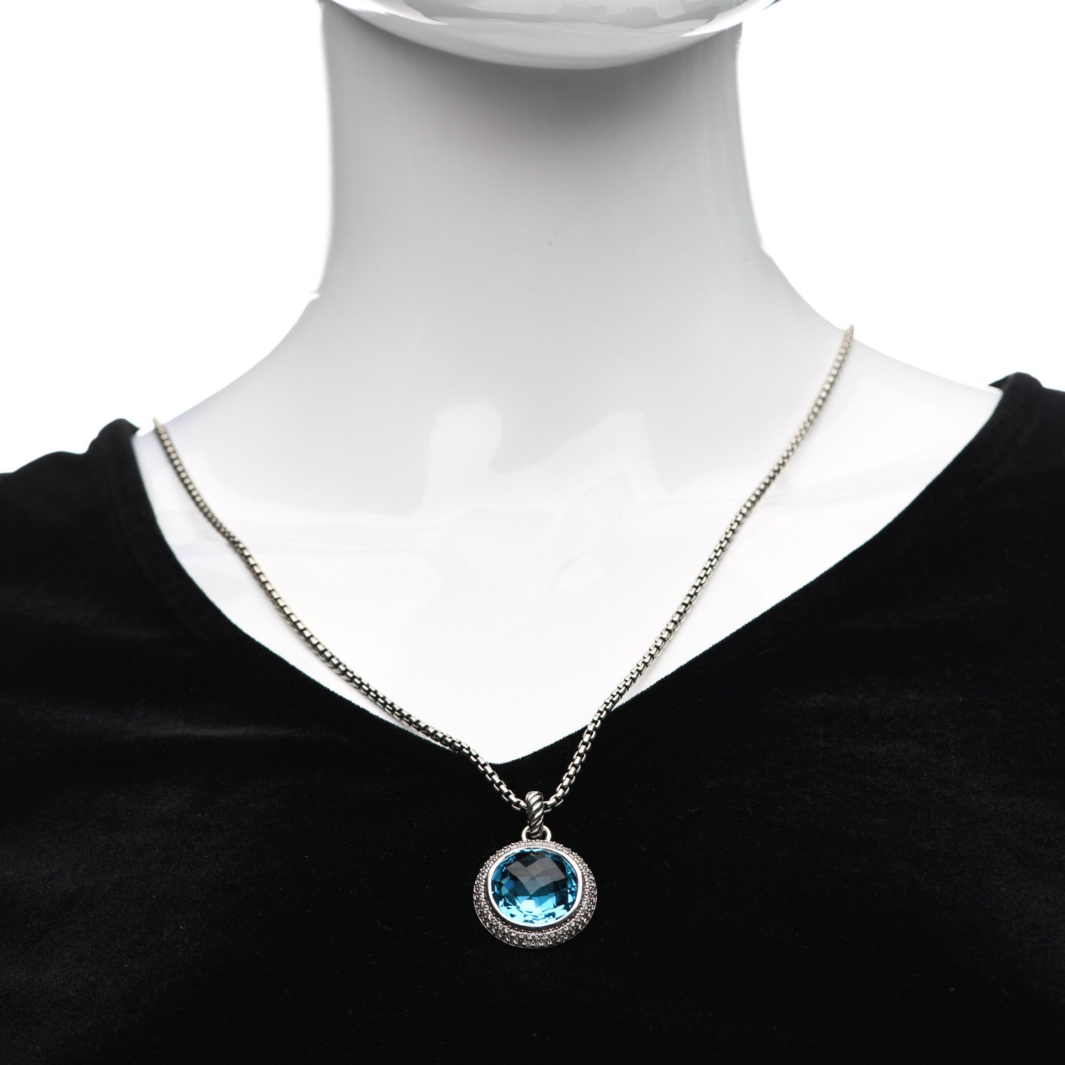 David Yurman Sterling Silver Diamond Blue Topaz 16mm Petite Cerise Pendant Necklace 2 of 5