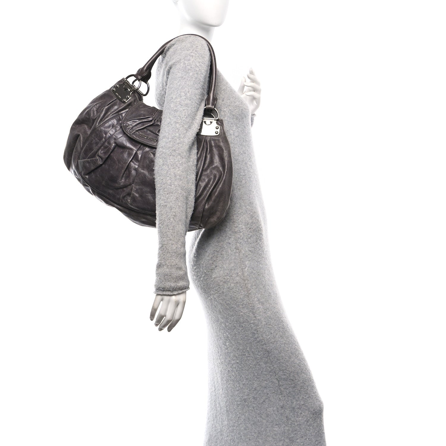 Miu Miu Vitello Pleated Hobo Grey 2 of 9