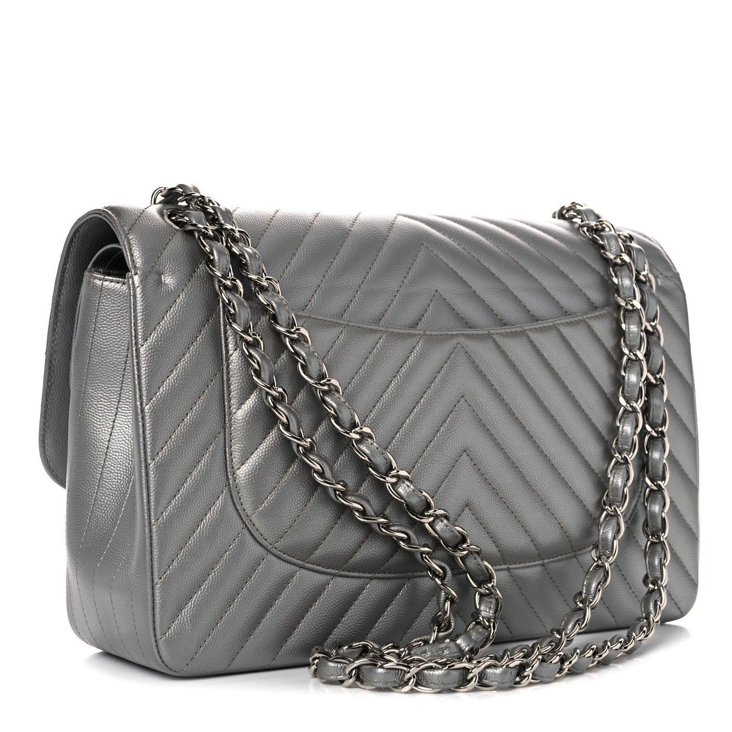 Metallic Caviar Chevron Quilted Jumbo Double Flap Silver