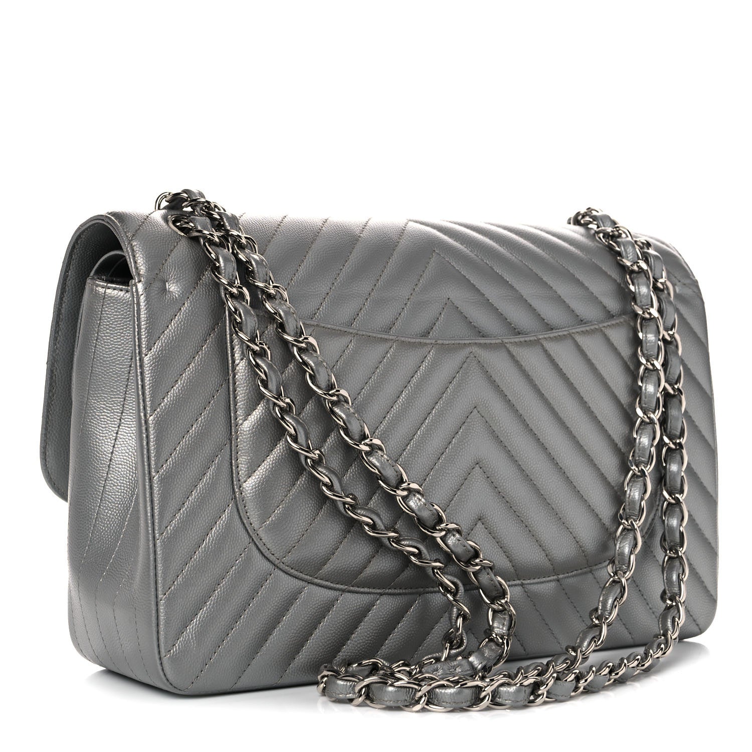 Chanel Metallic Caviar Chevron Quilted Jumbo Double Flap Silver 3 of 14
