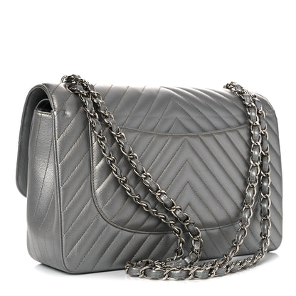 Chanel Metallic Caviar Chevron Quilted Jumbo Double Flap Silver 3 of 14