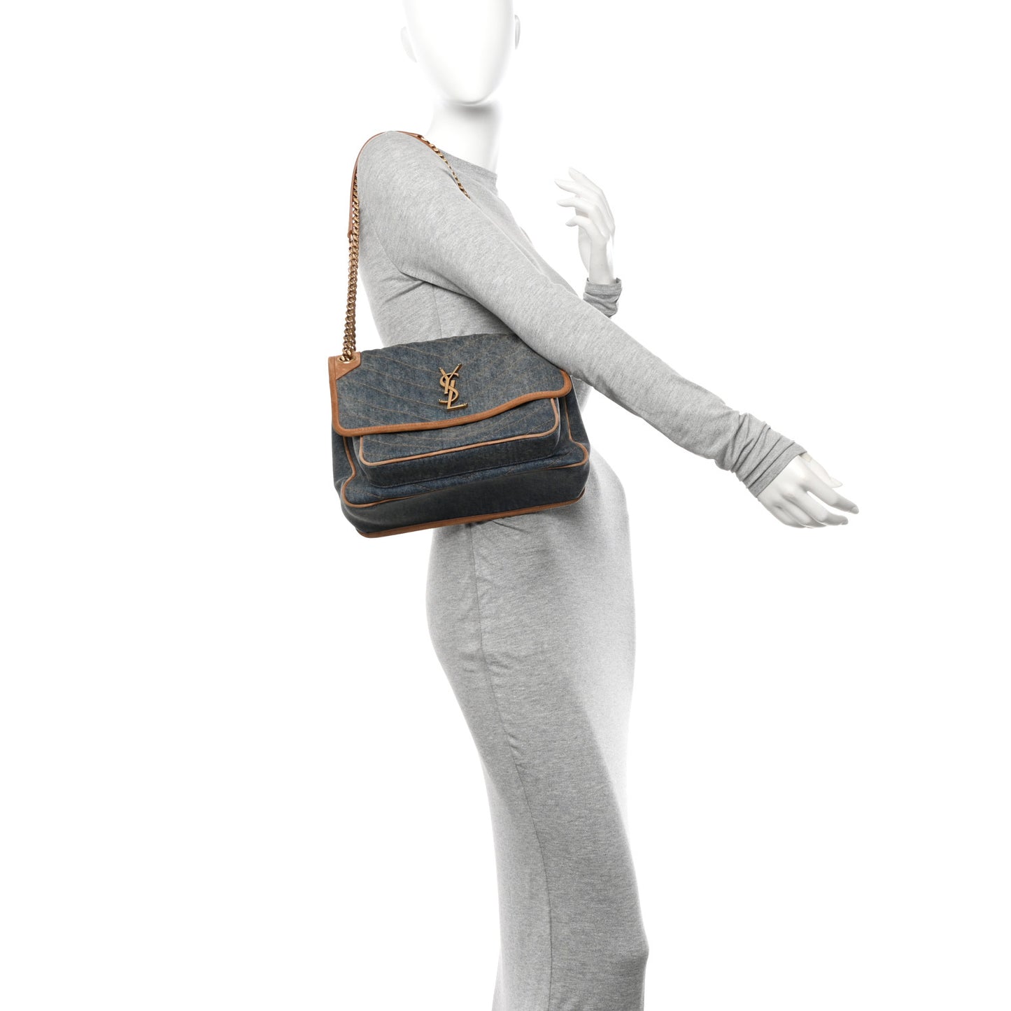 Denim Suede Monogram Medium Niki Chain Satchel Blue Cinnamon