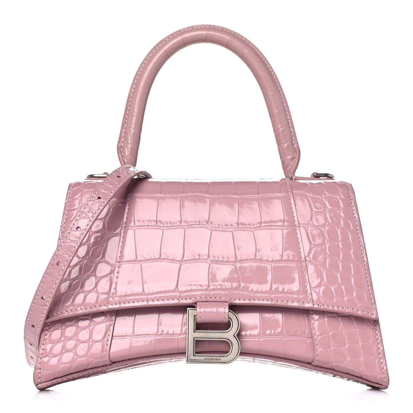 Shiny Calfskin Crocodile Embossed Small Hourglass Top Handle Bag Powder Pink