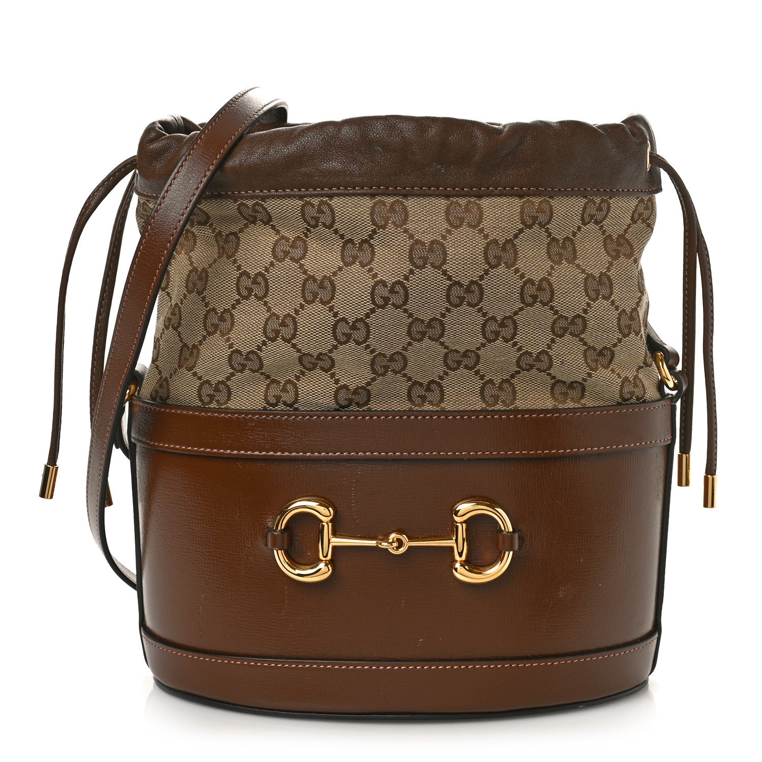 Gucci Monogram Textured Calfskin Horsebit 1955 Drawstring Bucket Bag Beige Brown Sugar 1 of 12