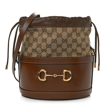 Gucci Monogram Textured Calfskin Horsebit 1955 Drawstring Bucket Bag Beige Brown Sugar 1 of 12