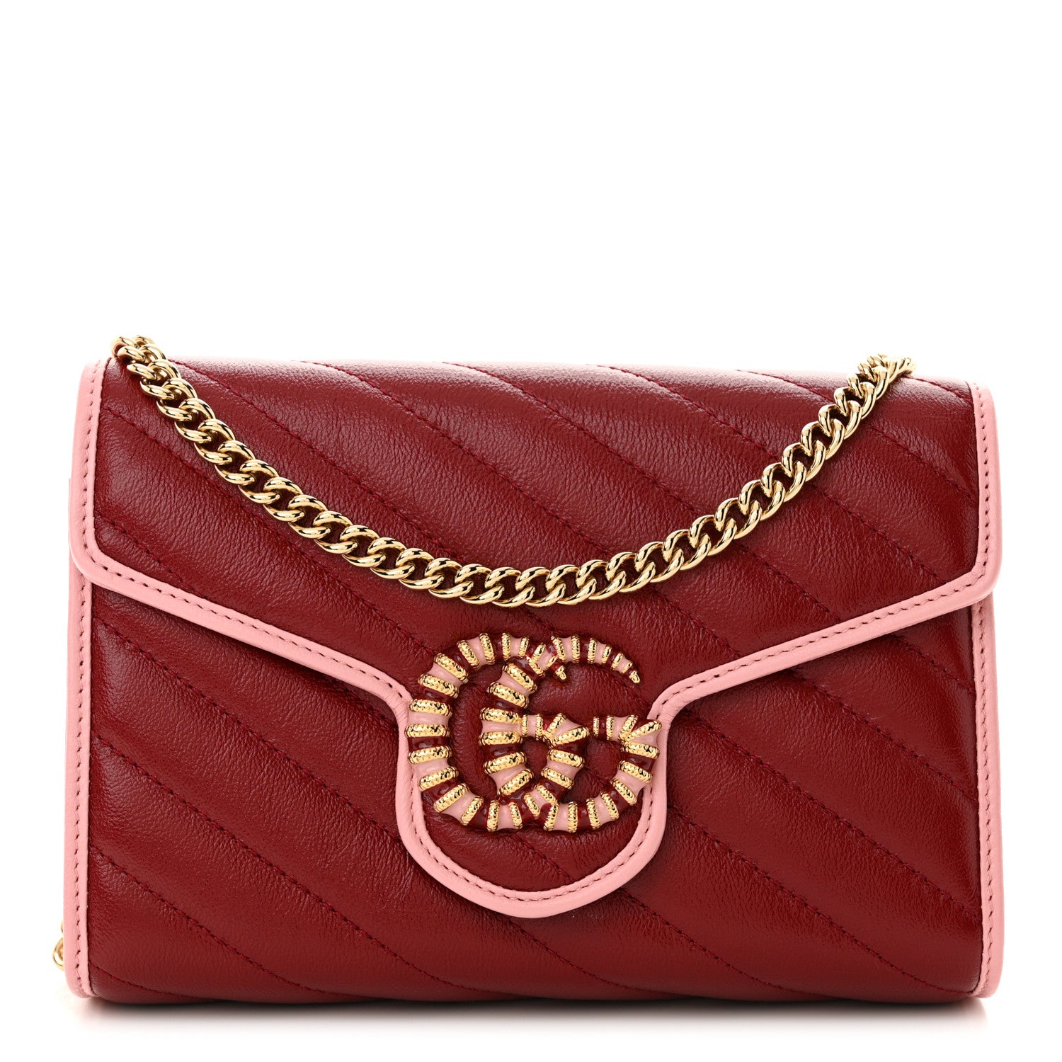 Gucci Azalea Calfskin Enamel Matelasse Diagonal Torchon GG Marmont Chain Wallet New Cherry Red Wild Rose 1 of 11
