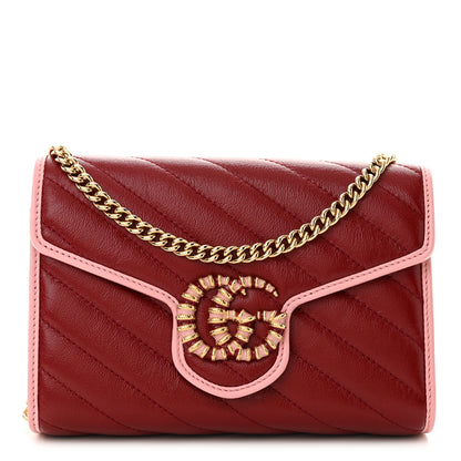 Gucci Azalea Calfskin Enamel Matelasse Diagonal Torchon GG Marmont Chain Wallet New Cherry Red Wild Rose 1 of 11