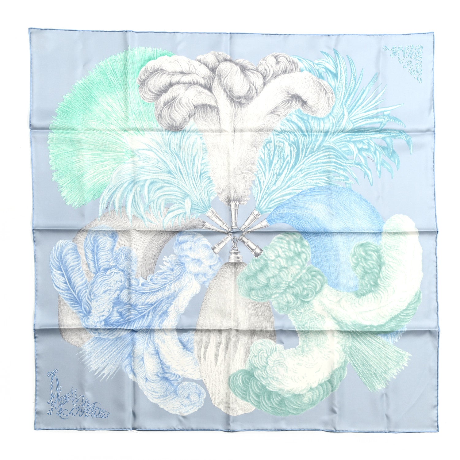Hermes Silk Twill Plumets Et Panaches Scarf 90 Bleu Glacier Vert 1 of 6