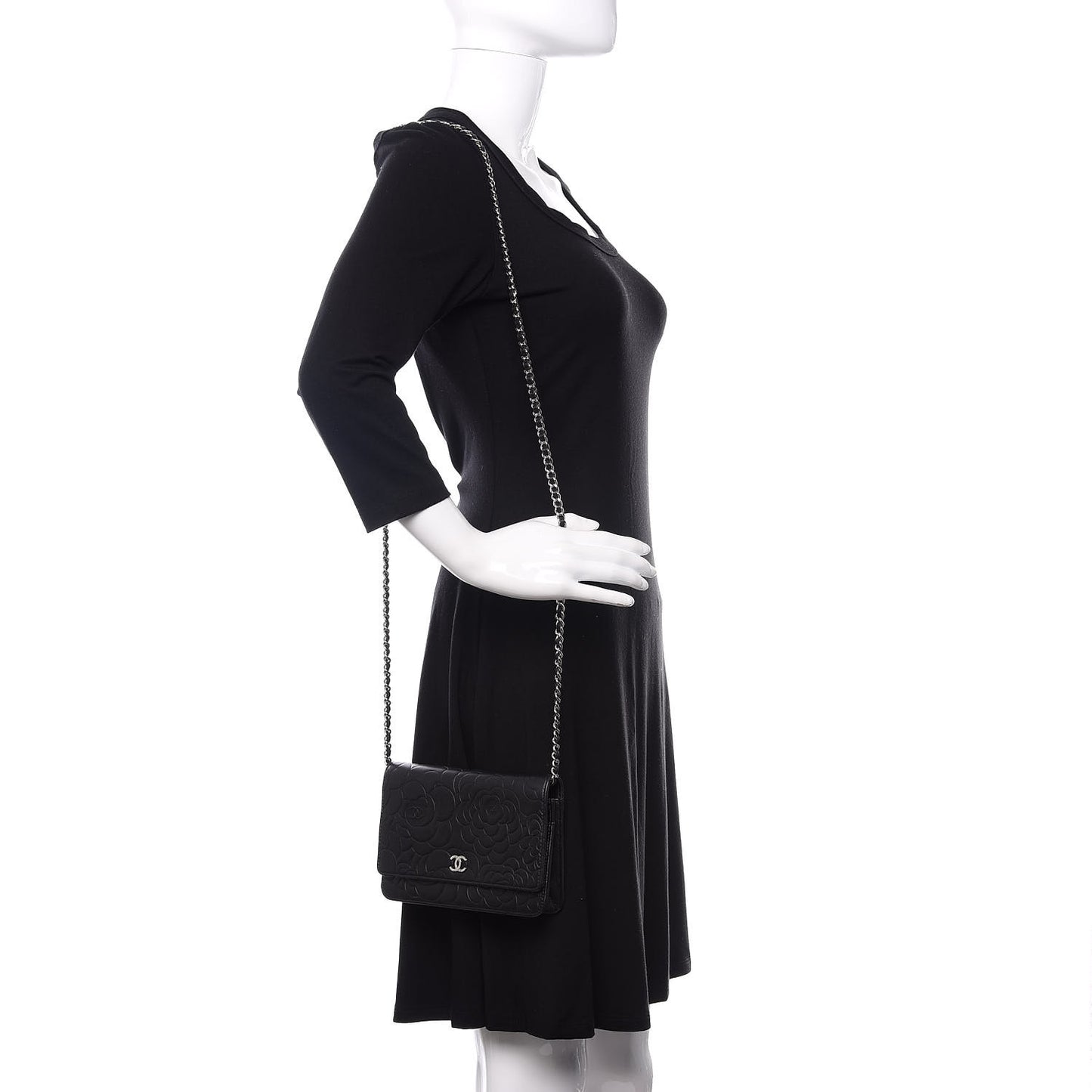 Lambskin Camellia Embossed Wallet on Chain WOC Black