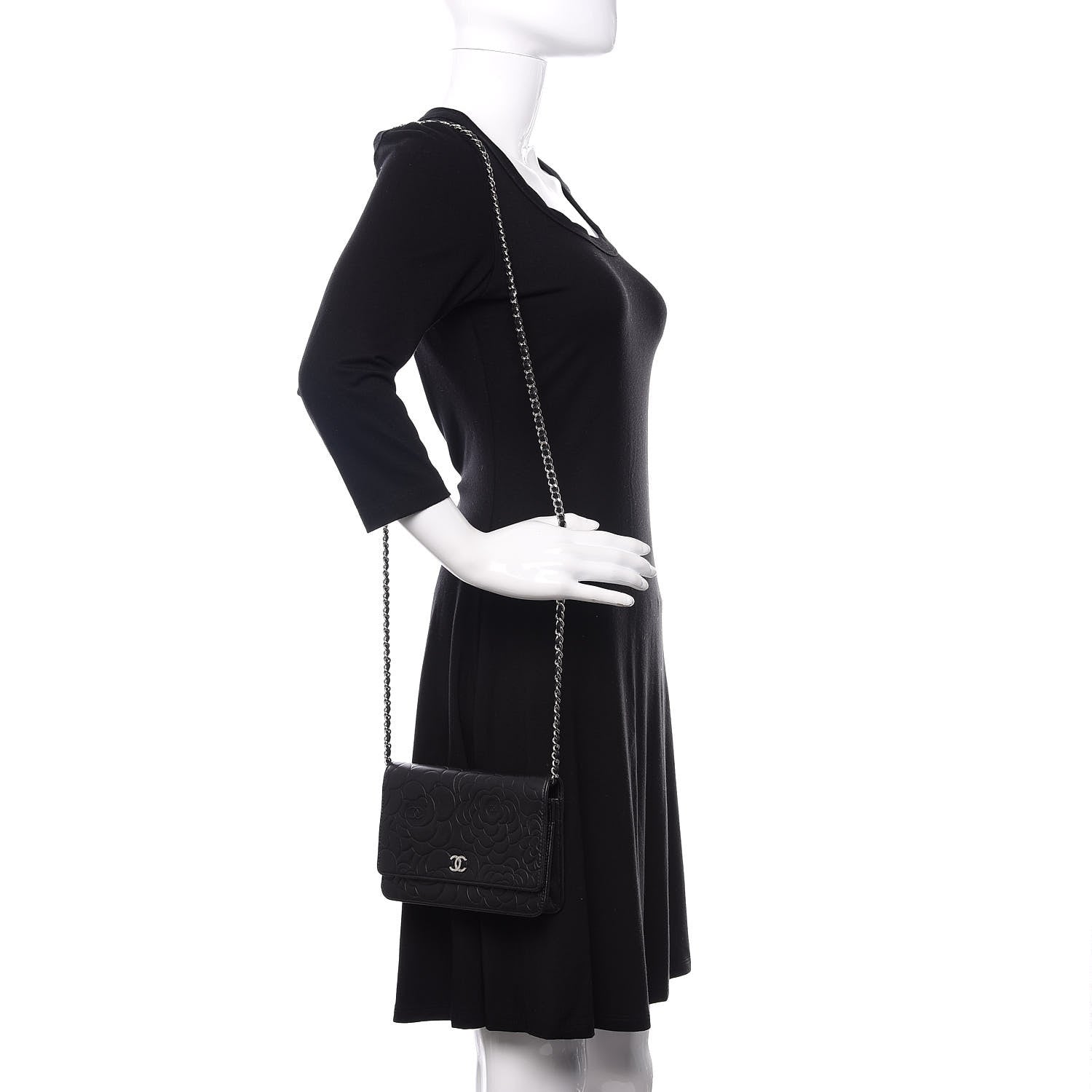 Chanel Lambskin Camellia Embossed Wallet on Chain WOC Black 2 of 12