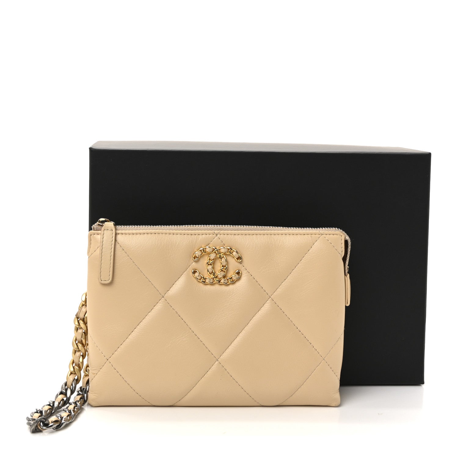 Chanel Shiny Goatskin Quilted Chanel 19 Small Pouch With Handle