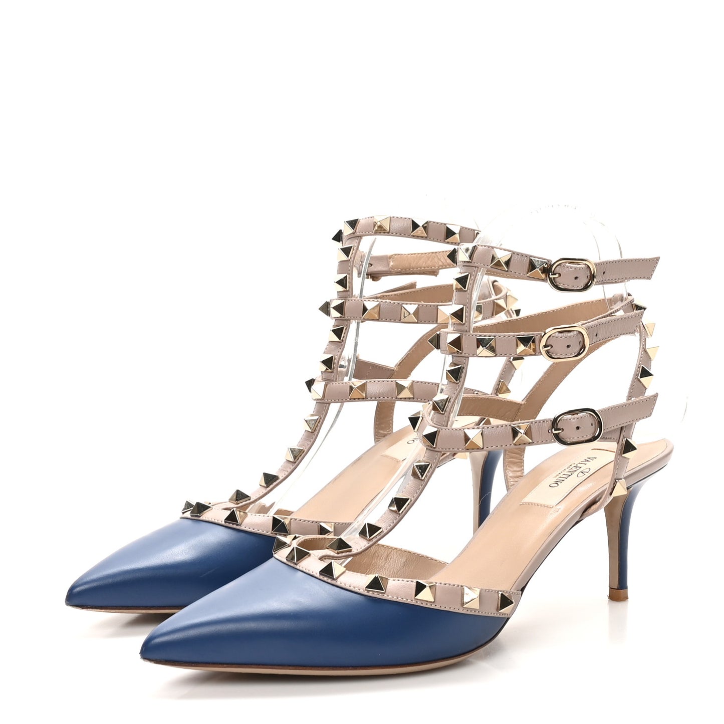 Calfskin Nappa Rockstud Ankle Strap 65mm Pumps 39 Indaco Poudre