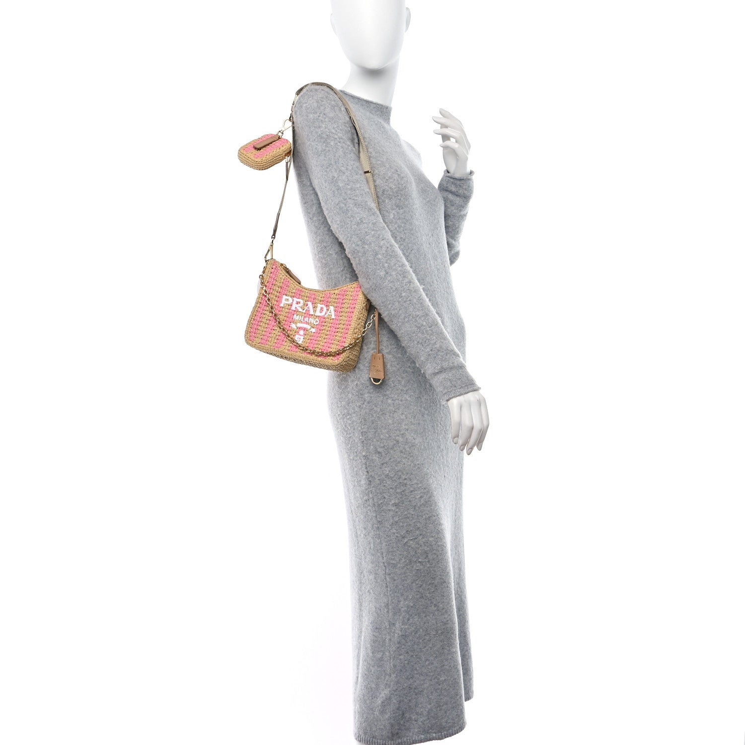 Prada Yarn Raffia Effect Crochet Striped Re-Edition 2005 Shoulder Bag Naturale Petalo 2 of 9