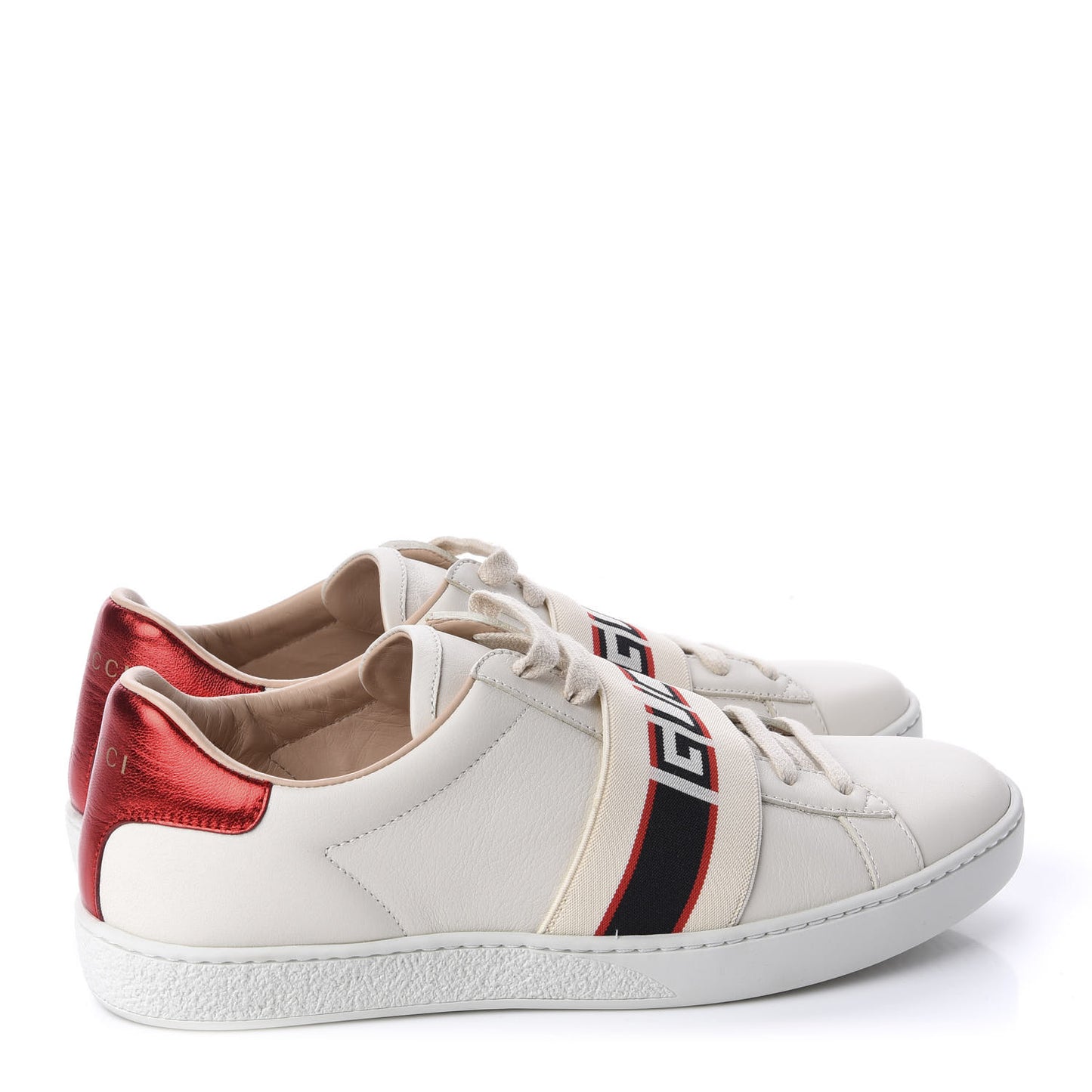 Calfskin Stripe Womens New Ace Sneakers 37.5 New Mystic White Ecru Red Flame