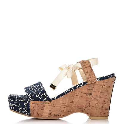 Chanel Canvas Lambskin Cork CC Wedge Sandals 38 Navy Blue 1 of 9