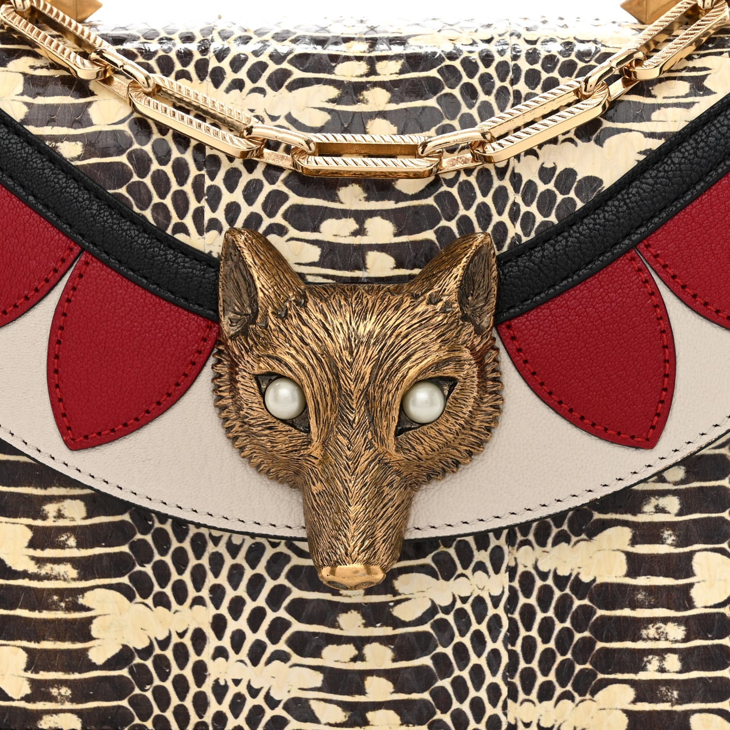Snakeskin Pearl Mini Fox Broche Bamboo Top Handle Bag Roccia Hibiscus Red Mystic White