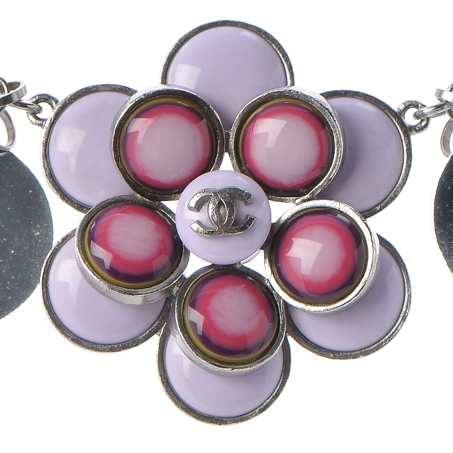 Enamel Plastic Flower Disc CC Necklace Pink Silver