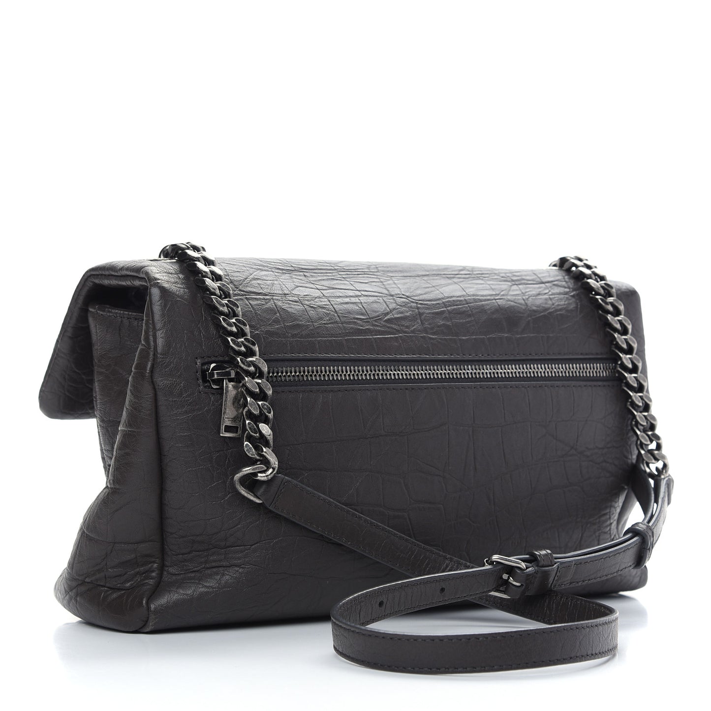 Calfskin Crocodile Embossed Medium West Hollywood Monogram Fold-Over Grey