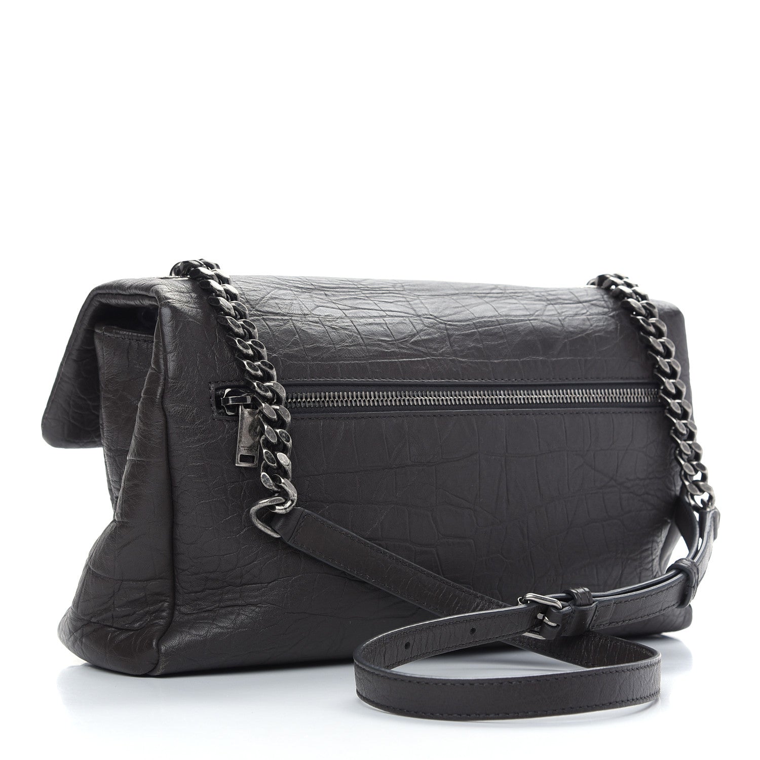 Saint Laurent Calfskin Crocodile Embossed Medium West Hollywood Monogram Fold-Over Grey 3 of 9