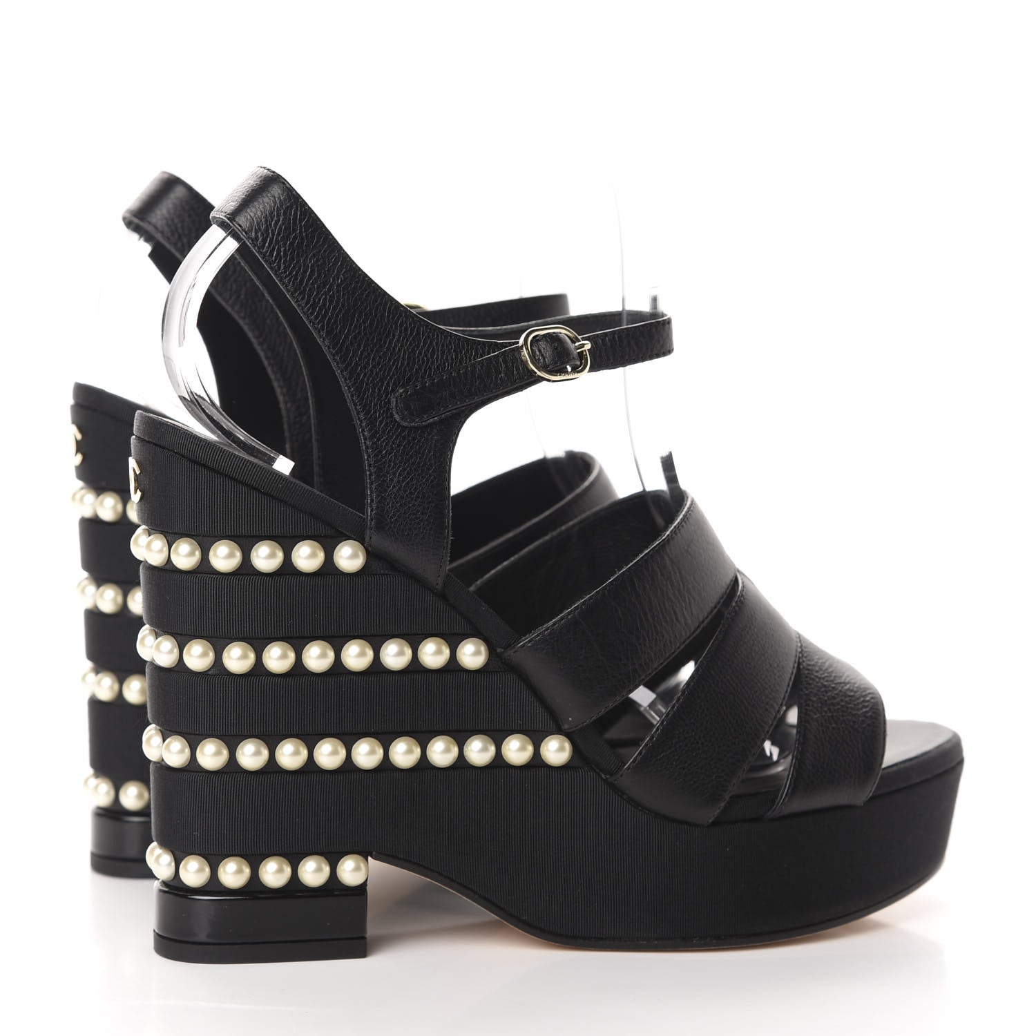 Chanel Calfskin Grosgrain Pearl Wedge Sandals 40 Black 4 of 10
