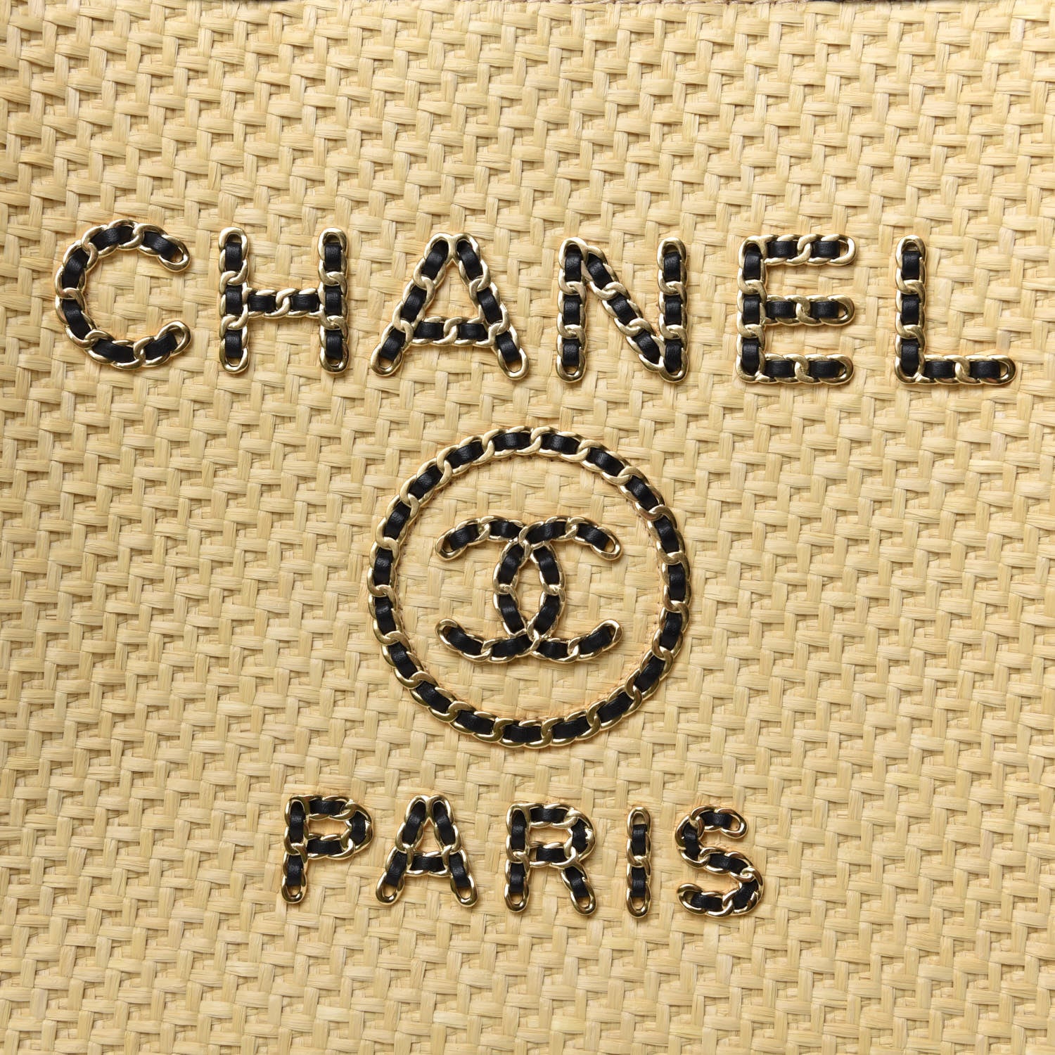 Chanel Straw Raffia Calfskin Chain Medium Deauville Tote Beige Black 12 of 13