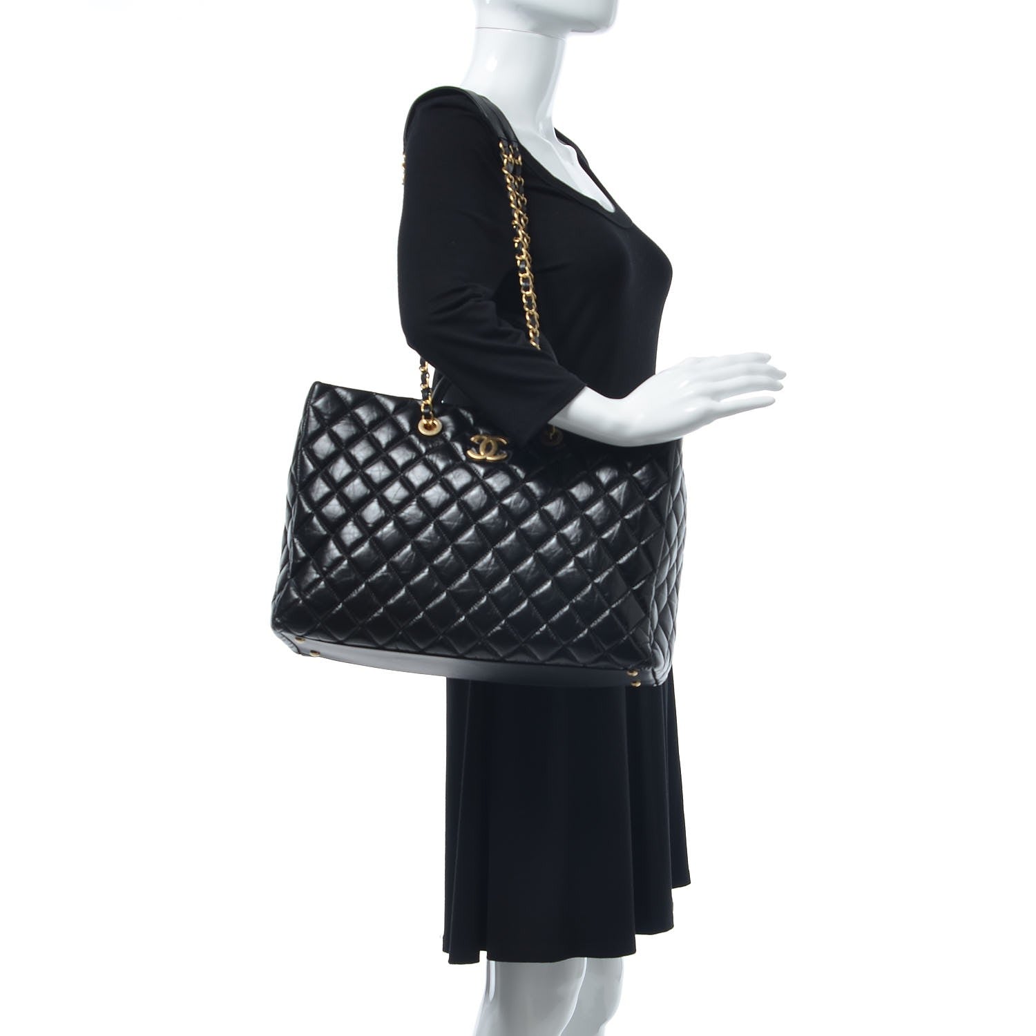 Chanel Aged Calfskin Quilted Large Coco Handle Shopping Tote Black 2 of 7