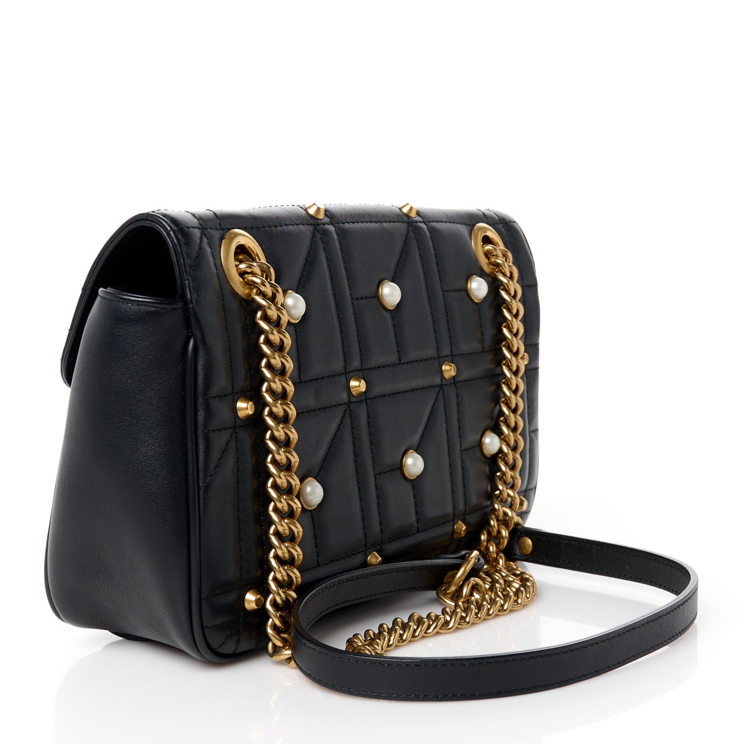 Gucci Calfskin Matelasse Studded Small Pearly GG Marmont Shoulder Bag Black 3 of 11