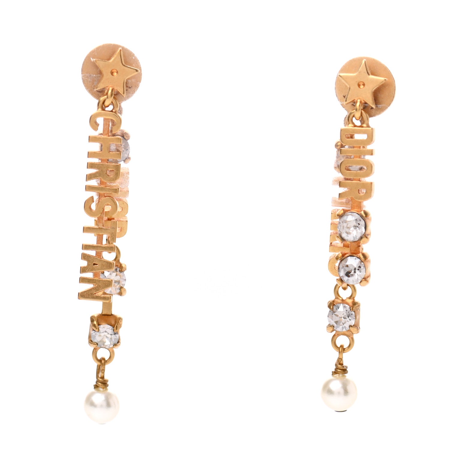 Christian Dior Crystal Pearl Logo Dangle Earrings Gold 1 of 4