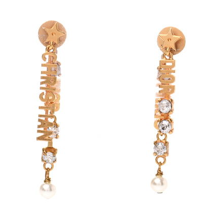 Christian Dior Crystal Pearl Logo Dangle Earrings Gold 1 of 4