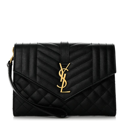 Saint Laurent Grain De Poudre Textured Mixed Matelasse Triquilt Monogram Clutch Black 1 of 8
