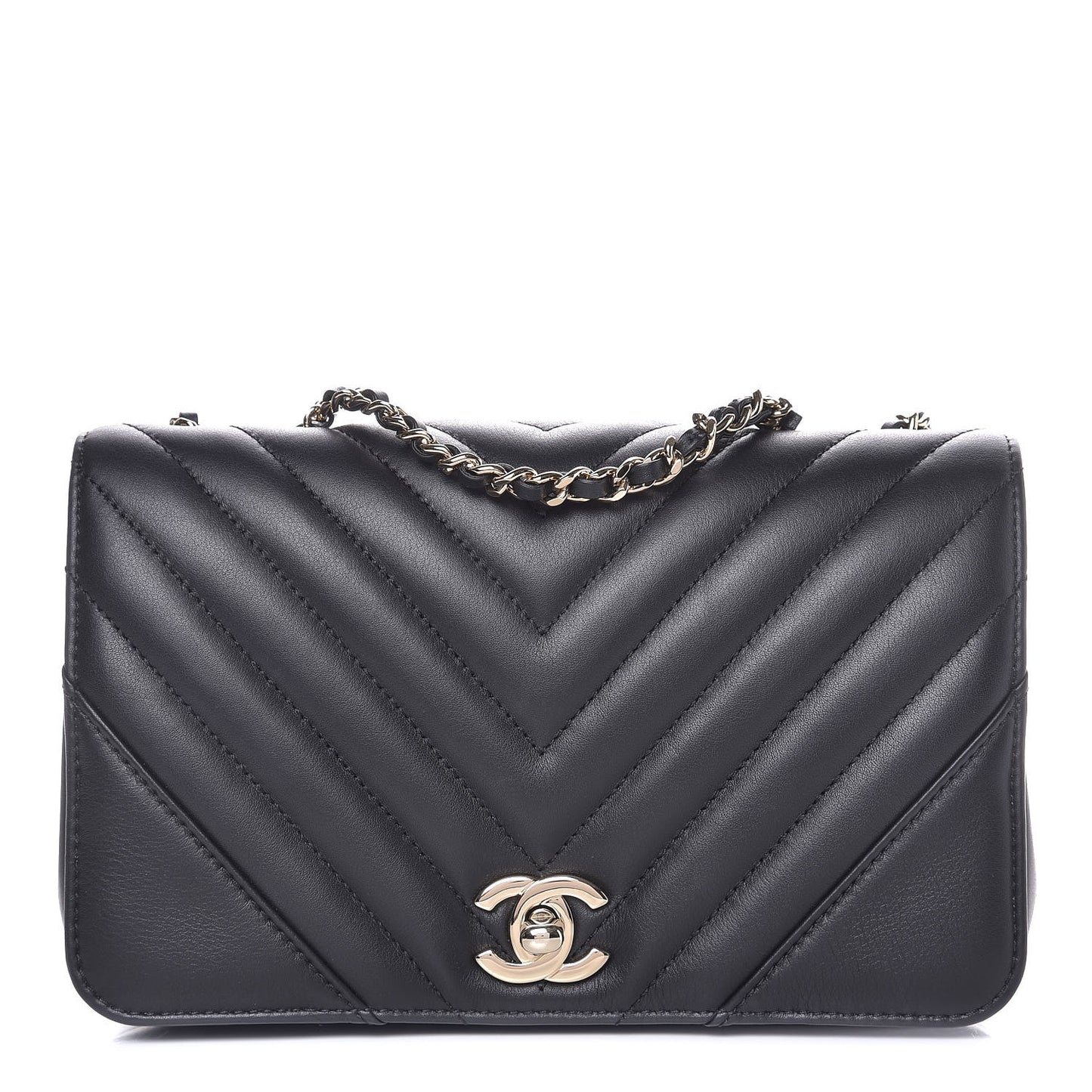 Calfskin Chevron Quilted Mini Statement Flap Black