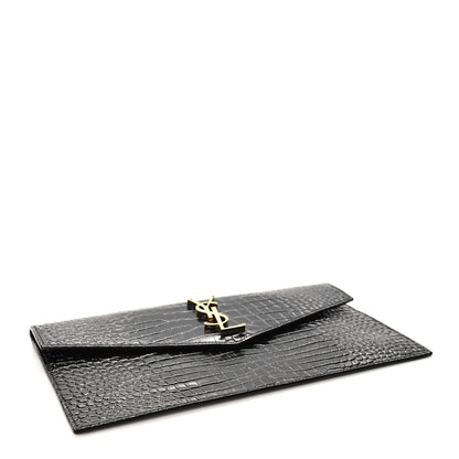 Saint Laurent Calfskin Crocodile Embossed Uptown Monogram Pouch Black 4 of 6