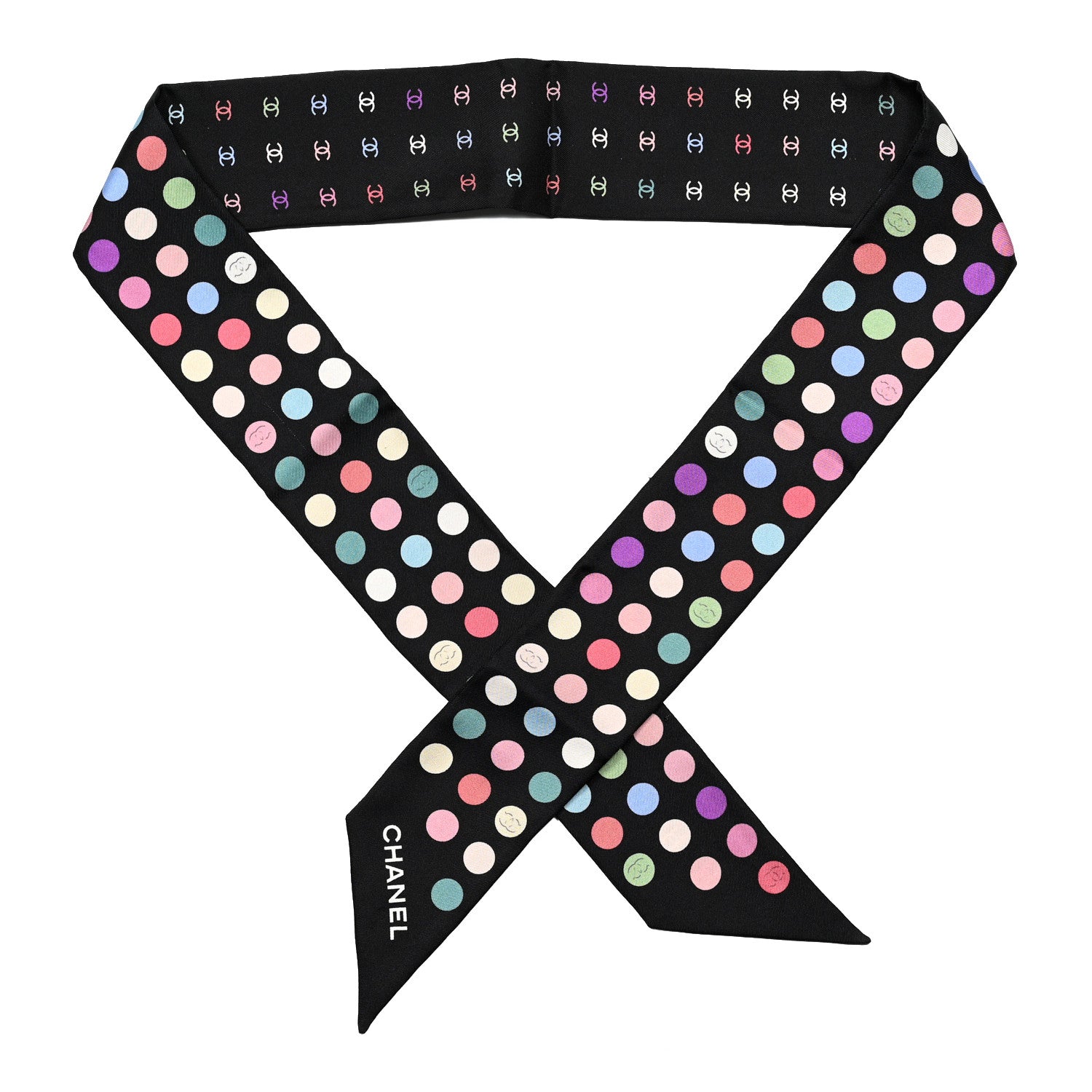 Chanel Silk Polka Dot CC Slim Bandeau Scarf Black Multicolor 1 of 4