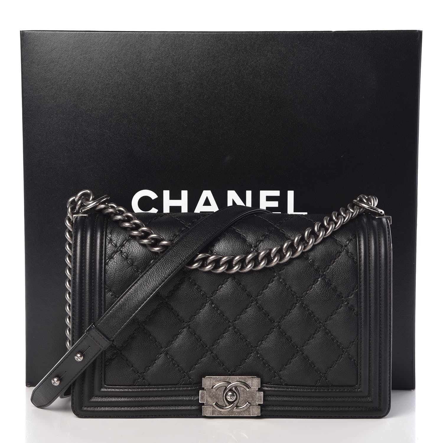 Chanel Calfskin Quilted Double Stitch New Medium Boy Flap Black 10 of 10