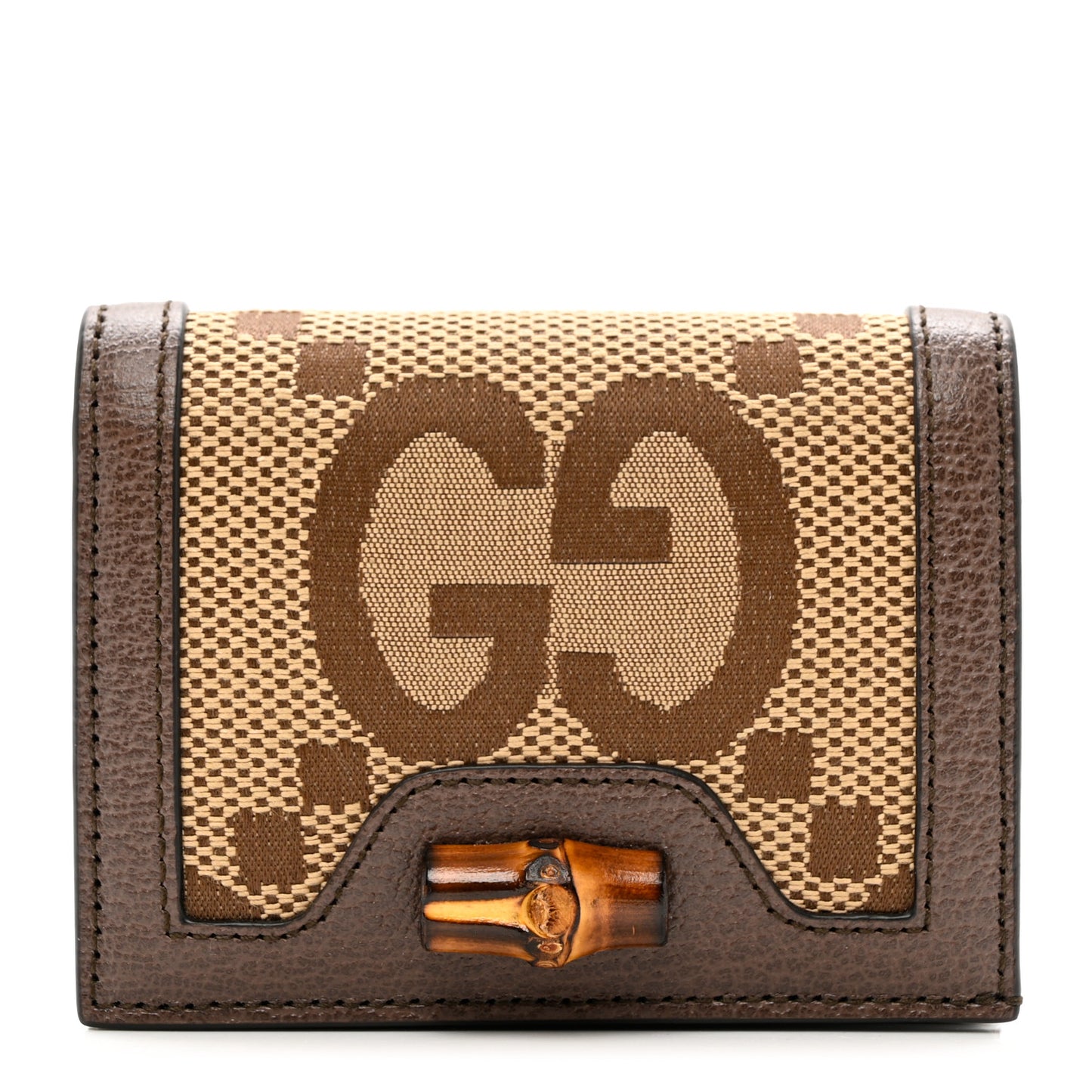 Monogram Jumbo GG Textured Dollar Calfskin Diana Card Case Wallet Camel Ebony New Acero
