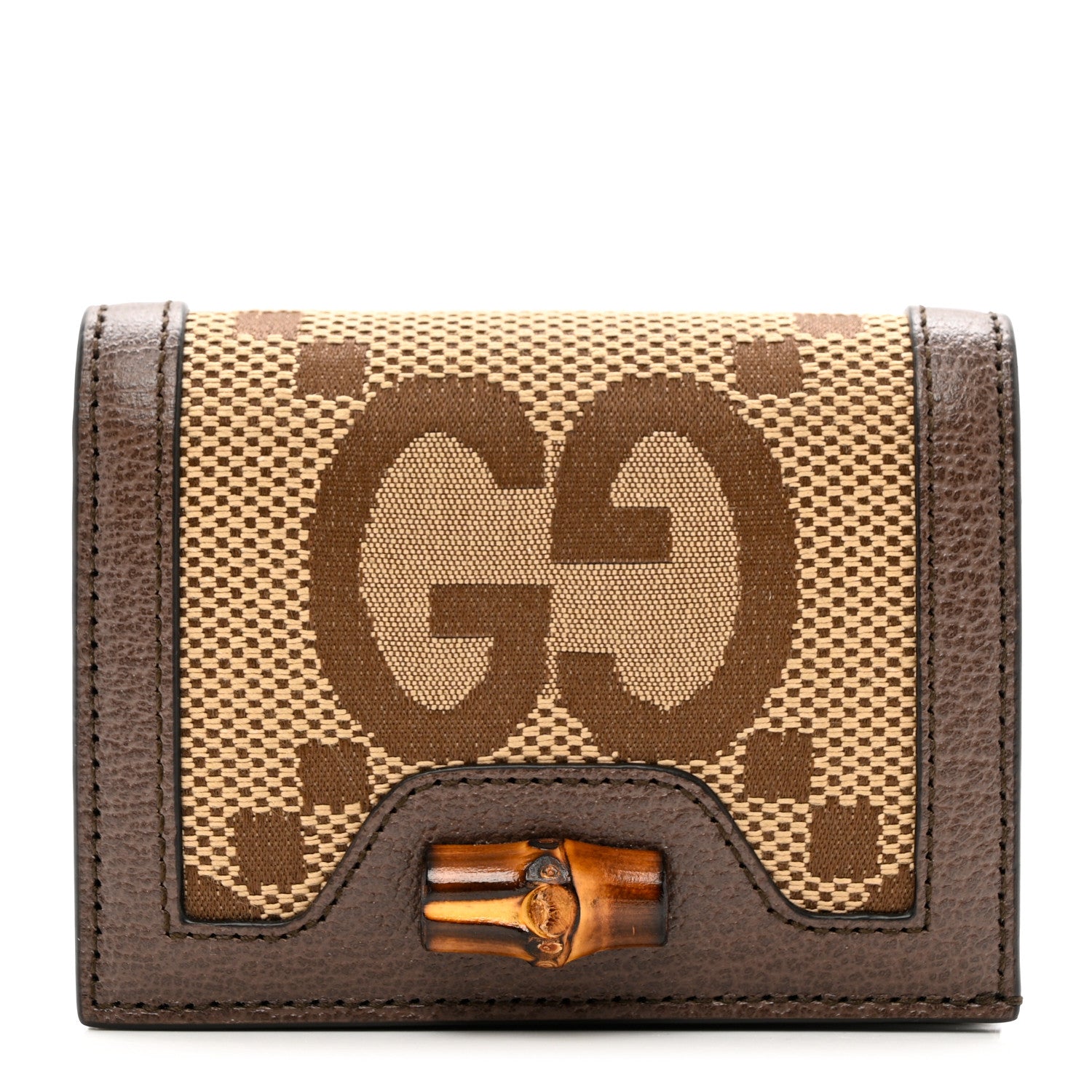 Gucci Monogram Jumbo GG Textured Dollar Calfskin Diana Card Case Wallet Camel Ebony New Acero 1 of 7