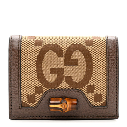 Gucci Monogram Jumbo GG Textured Dollar Calfskin Diana Card Case Wallet Camel Ebony New Acero 1 of 7