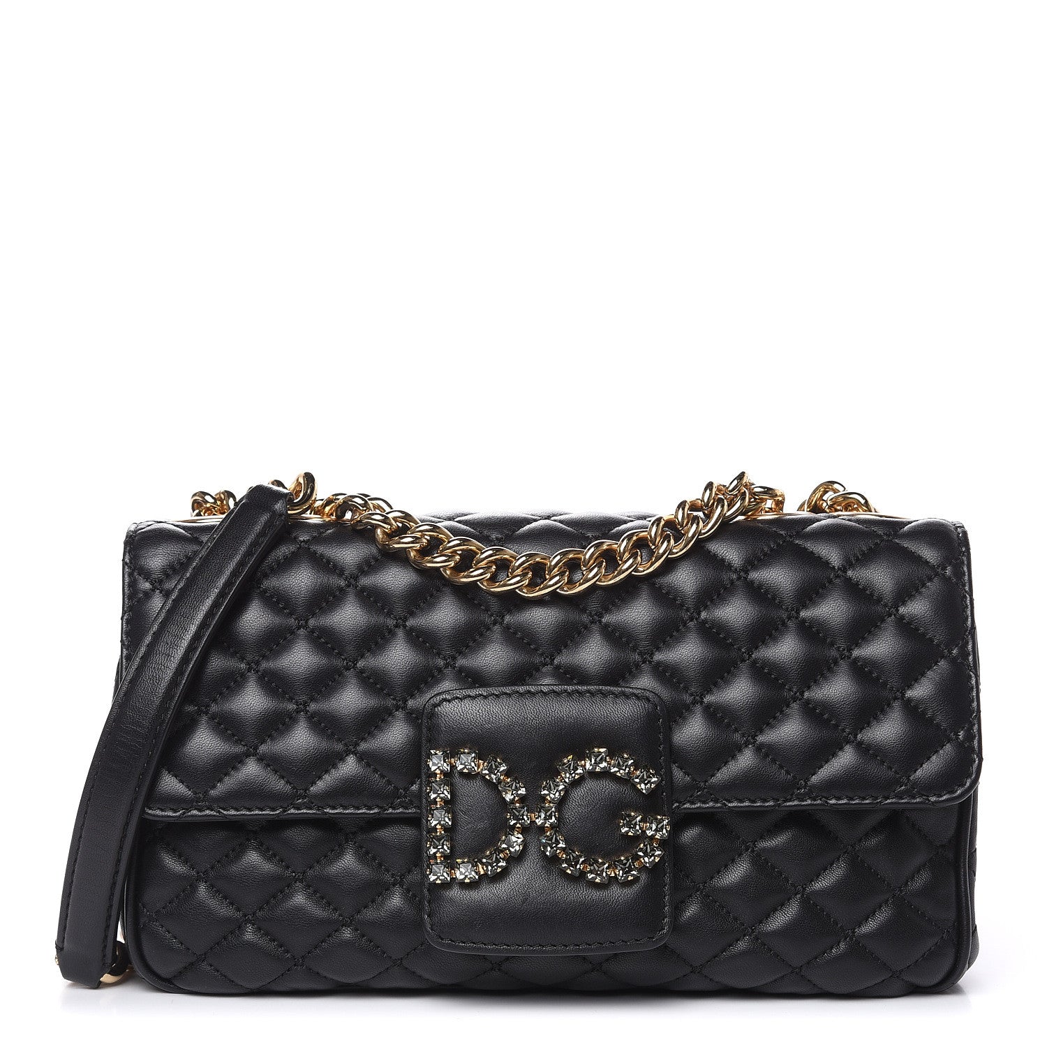 Dolce & Gabbana Lambskin Quilted Crystal Embellished Millennial Rectangular Shoulder Bag Black 1 of 13