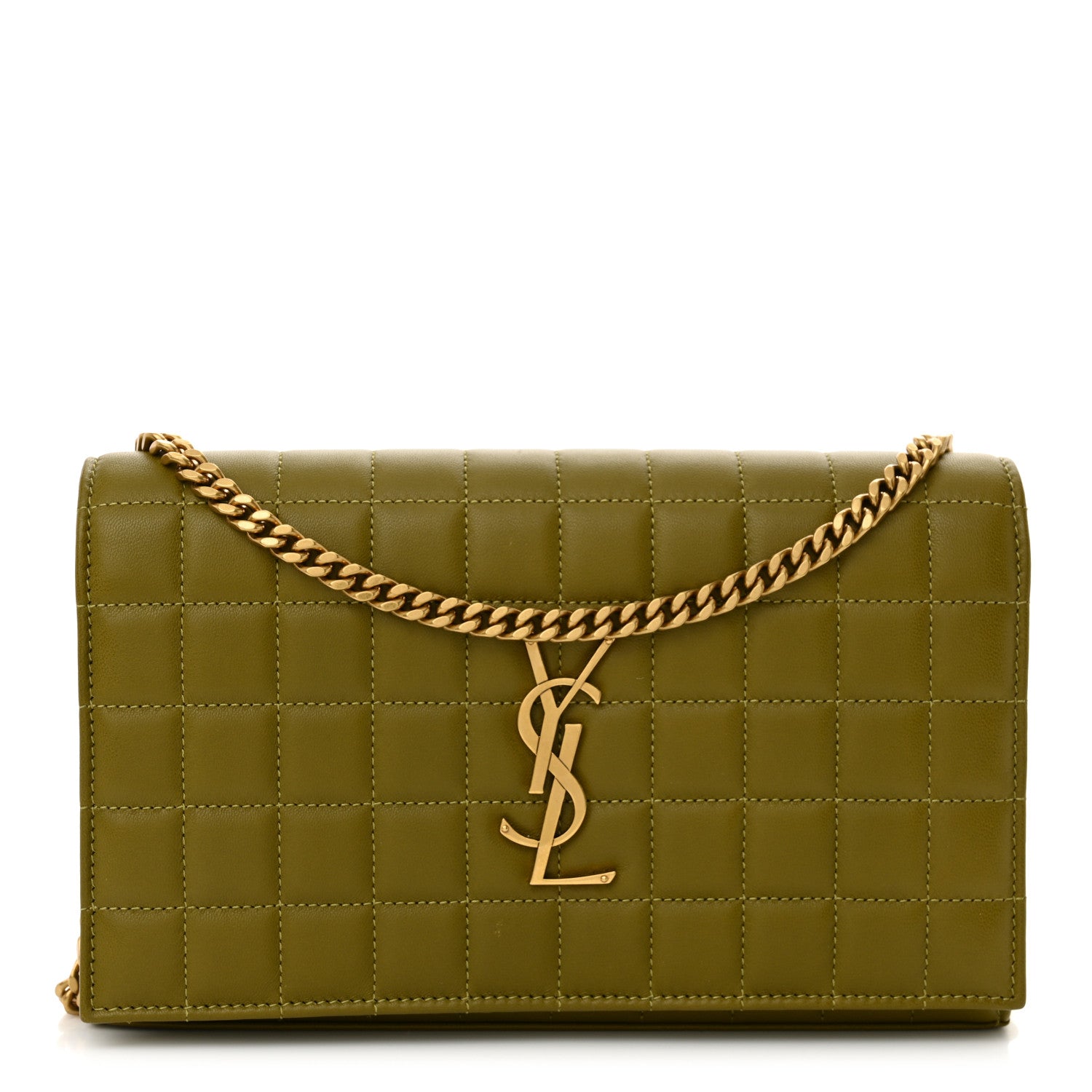 Saint Laurent Lambskin Carre Quilted Cassandre Chain Wallet Olive Drab 1 of 10