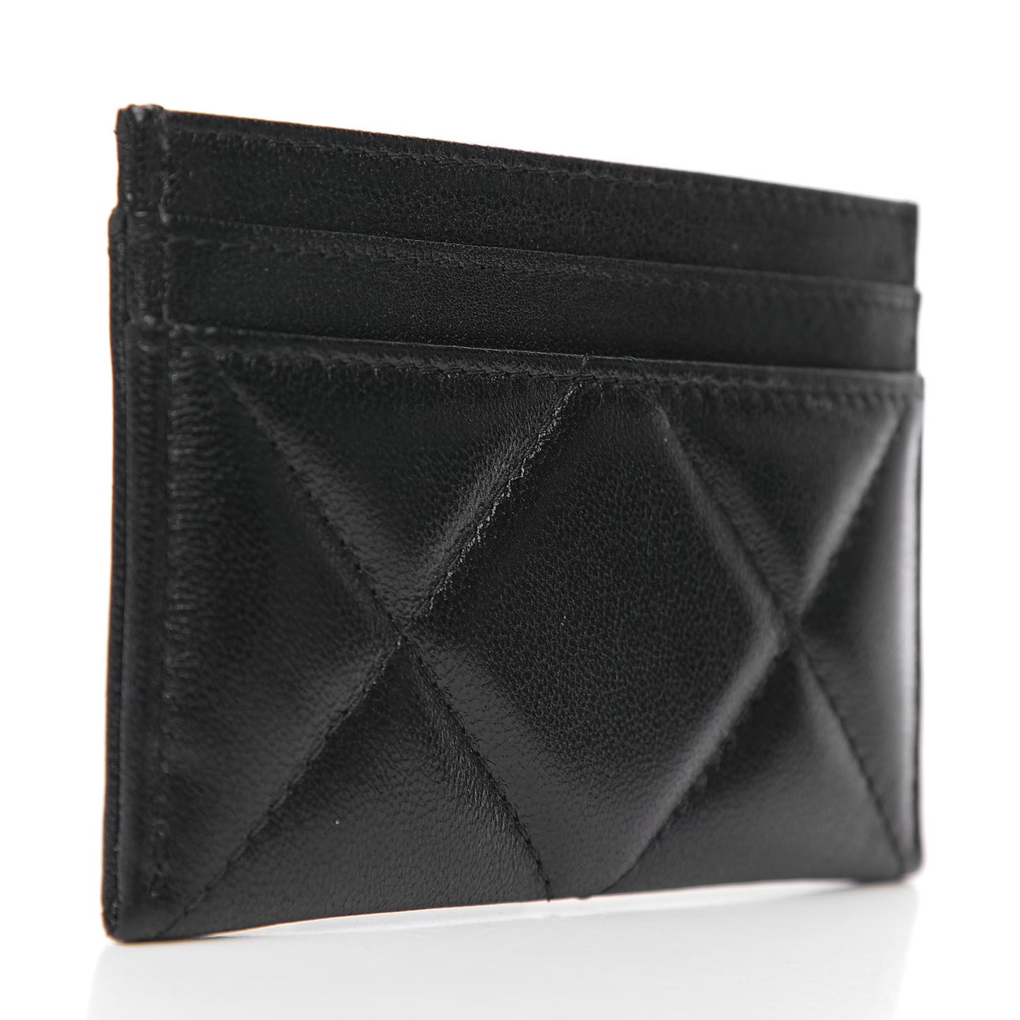 Shiny Goatskin Quilted Chanel 19 Card Holder Black