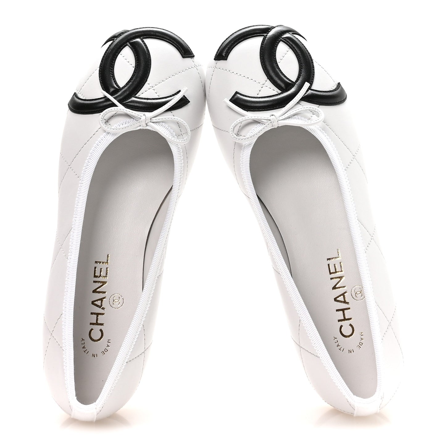 Lambskin Quilted CC Cambon Ballet Flats 39 White Black