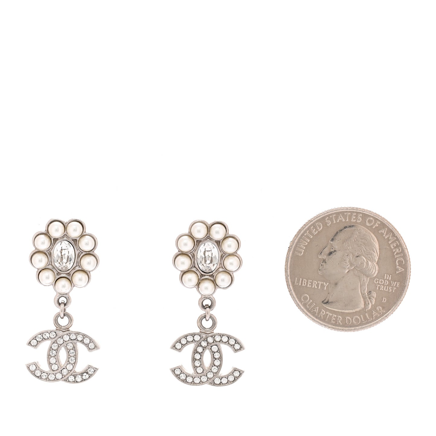 Crystal Pearl Coco Mark CC Drop Earrings Silver