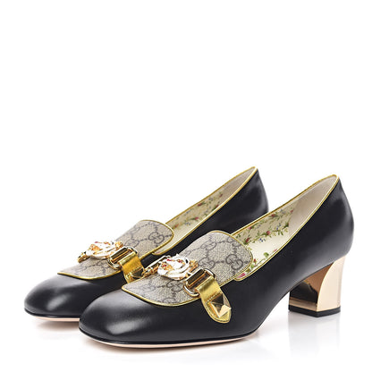 Gucci Malaga Kid Nappa GG Supreme Monogram Tiger Head Mid Heel Loafer Pumps 39.5 Black Oro Vecchio Beige 3 of 10