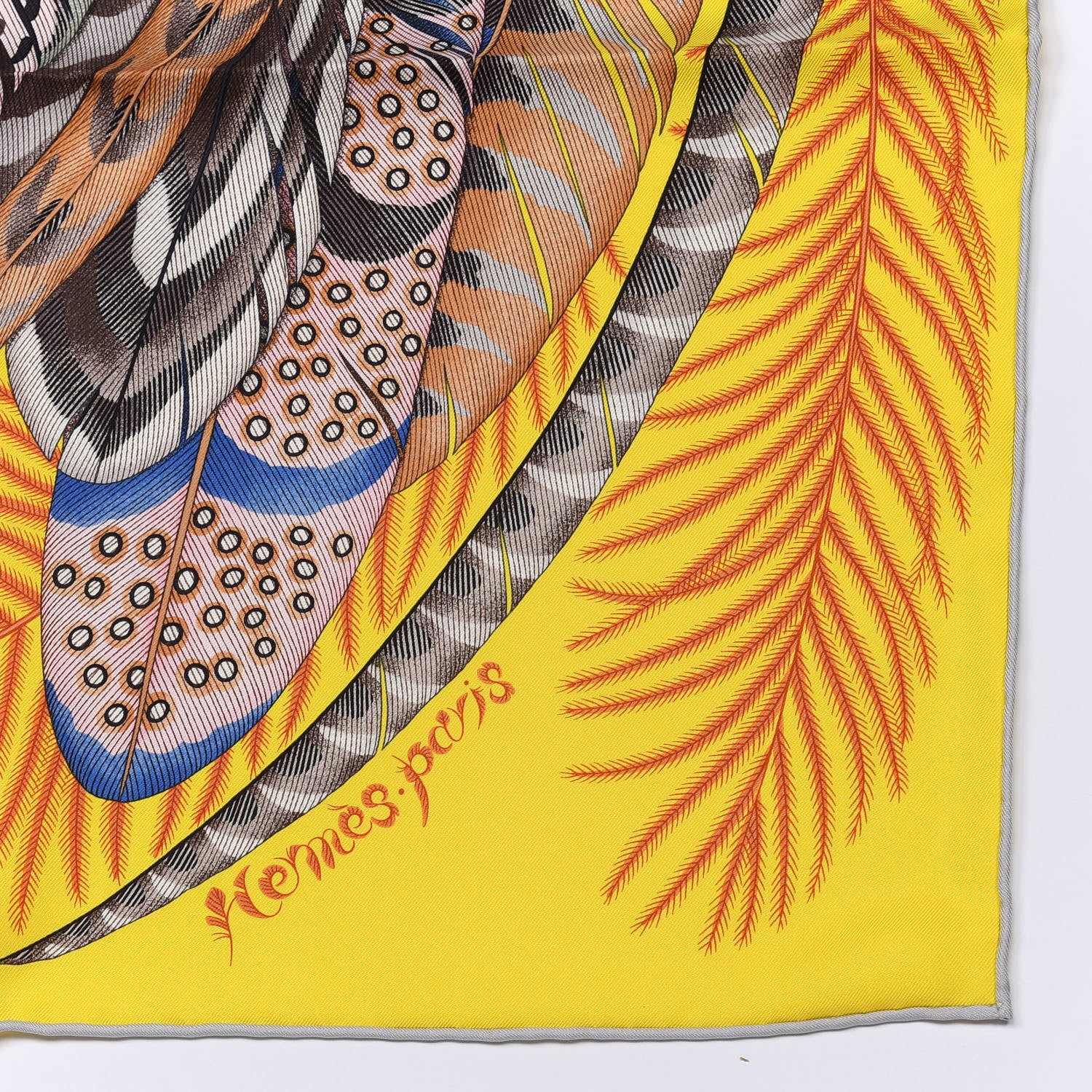 Hermes Silk Plumes En Fete Scarf 90 Jaune Vif Rose Bleu 2 of 4