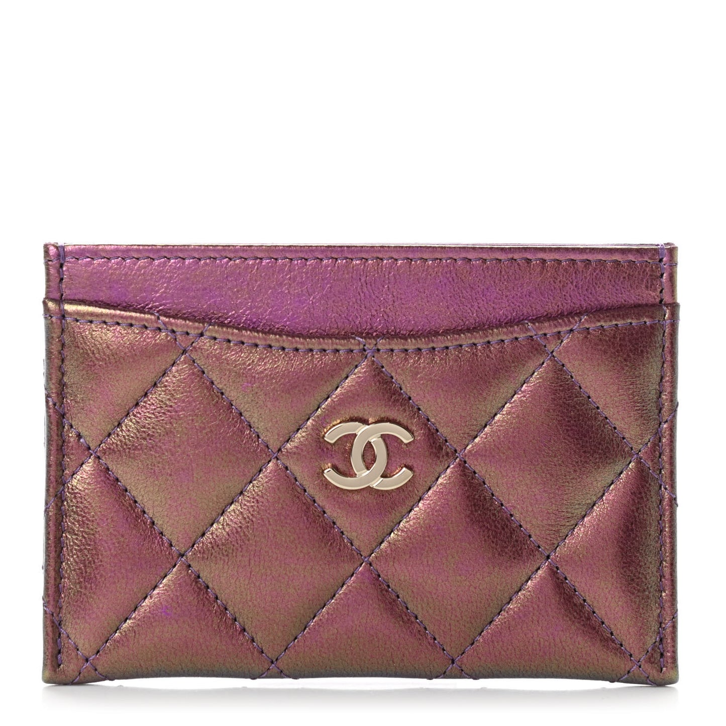 Iridescent Lambskin Quilted Card Holder Purple