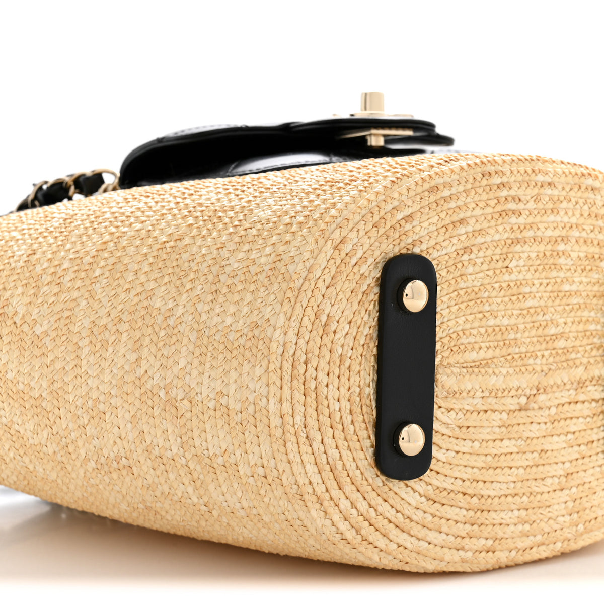 Raffia Braided Lambskin Small Shopping Tote Beige Black