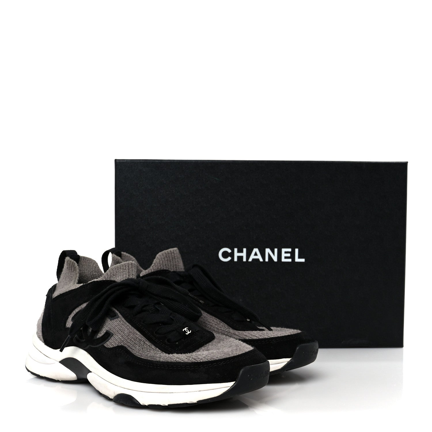 Chanel Fabric Suede Calfskin CC Sneakers 38 Gray Black 1815189